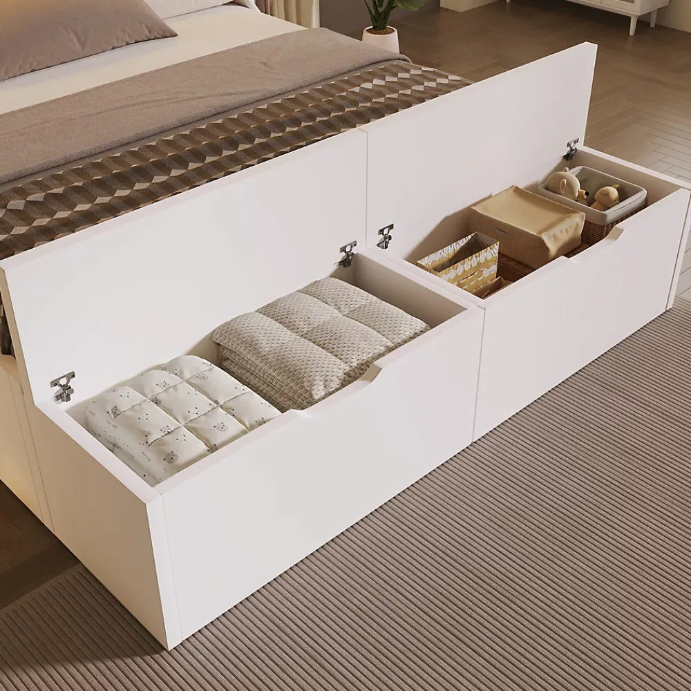 ModernLuxe Lit double 140x200cm - avec lumière LED et port USB - avec banc coffre - grand espace de rangement - Blanc (sans matelas)* Lit Avec Rangement
