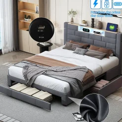 Lit double 160x200cm - cadre de lit en velours avec 3 tiroirs, sommier à lattes et tête de lit LED avec port USB/C - Gris>ProximaX Online