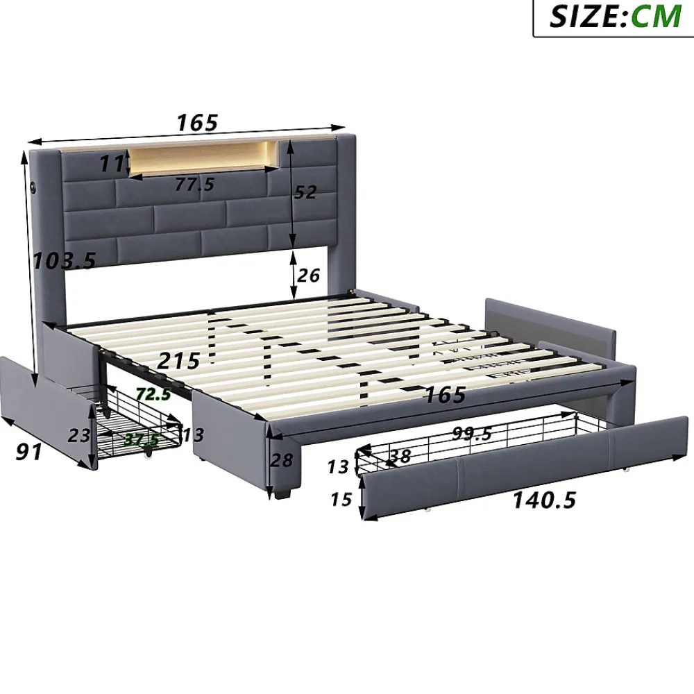 Lit double 160x200cm - cadre de lit en velours avec 3 tiroirs, sommier à lattes et tête de lit LED avec port USB/C - Gris>ProximaX Online