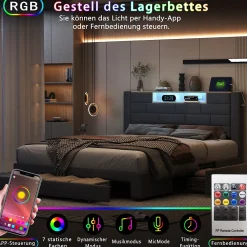 Lit double 160x200cm - cadre de lit en velours avec 3 tiroirs, sommier à lattes et tête de lit LED avec port USB/C - Gris><noscript><img width=