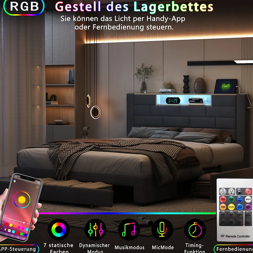 Lit double 160x200cm - cadre de lit en velours avec 3 tiroirs, sommier à lattes et tête de lit LED avec port USB/C - Gris>ProximaX Online