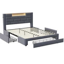 Lit double 160x200cm - cadre de lit en velours avec 3 tiroirs, sommier à lattes et tête de lit LED avec port USB/C - Gris><noscript><img width=