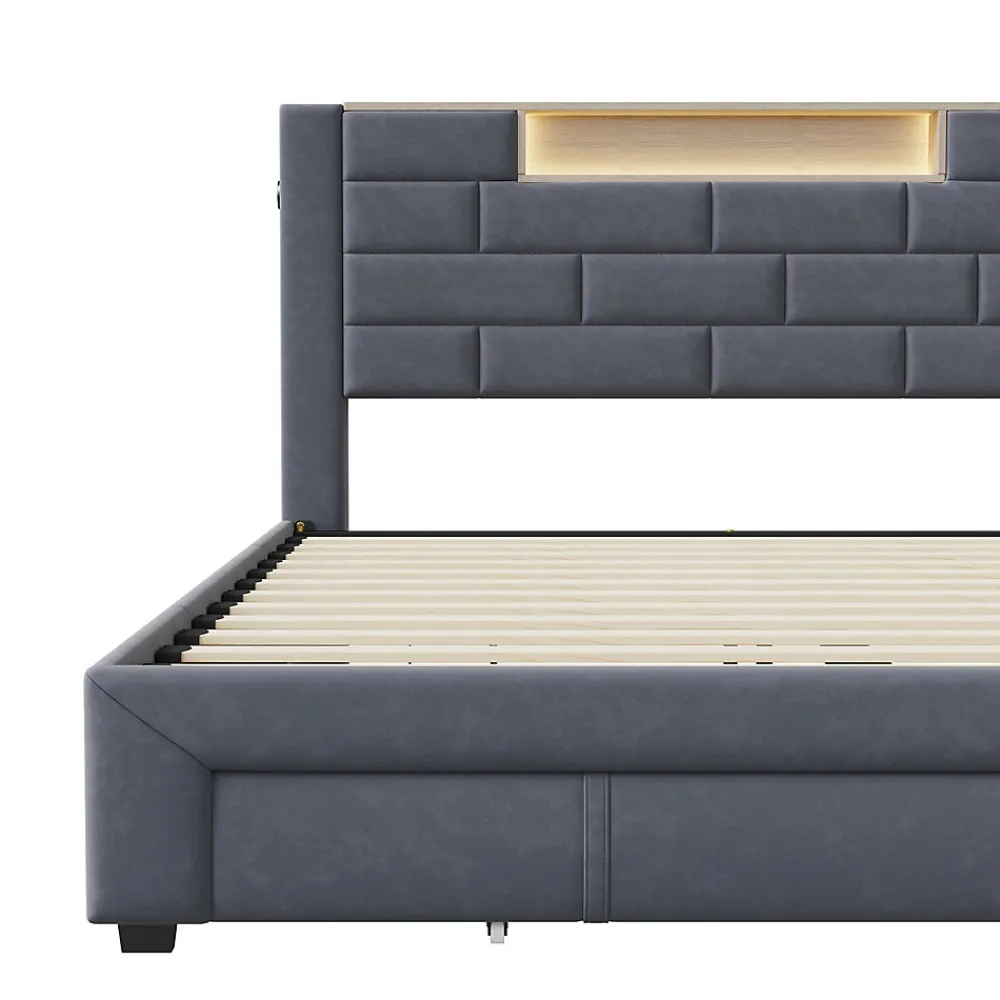 Lit double 160x200cm - cadre de lit en velours avec 3 tiroirs, sommier à lattes et tête de lit LED avec port USB/C - Gris>ProximaX Online