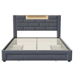 Lit double 160x200cm - cadre de lit en velours avec 3 tiroirs, sommier à lattes et tête de lit LED avec port USB/C - Gris><noscript><img width=