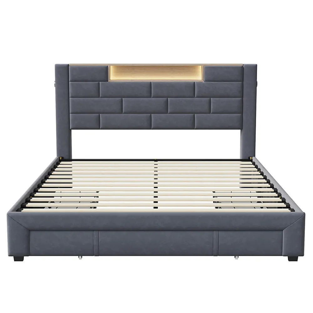 Lit double 160x200cm - cadre de lit en velours avec 3 tiroirs, sommier à lattes et tête de lit LED avec port USB/C - Gris>ProximaX Online