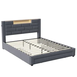 Lit double 160x200cm - cadre de lit en velours avec 3 tiroirs, sommier à lattes et tête de lit LED avec port USB/C - Gris><noscript><img width=