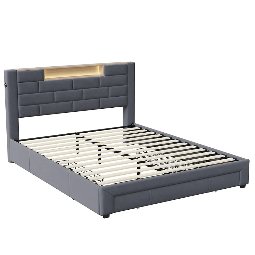 Lit double 160x200cm - cadre de lit en velours avec 3 tiroirs, sommier à lattes et tête de lit LED avec port USB/C - Gris>ProximaX Online