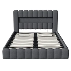 Lit double 180x200cm avec rangements, lit de souche avec éclairage LED, lit capitonné lit adulte lit ado, lin gris><noscript><img width=