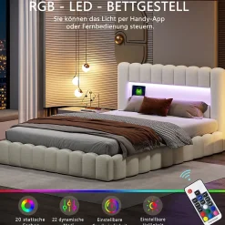Generique Lit double 180x200cm avec rangements, lit de souche avec éclairage LED, lit capitonné lit adulte lit ado, lin beige* Lit Coffre
