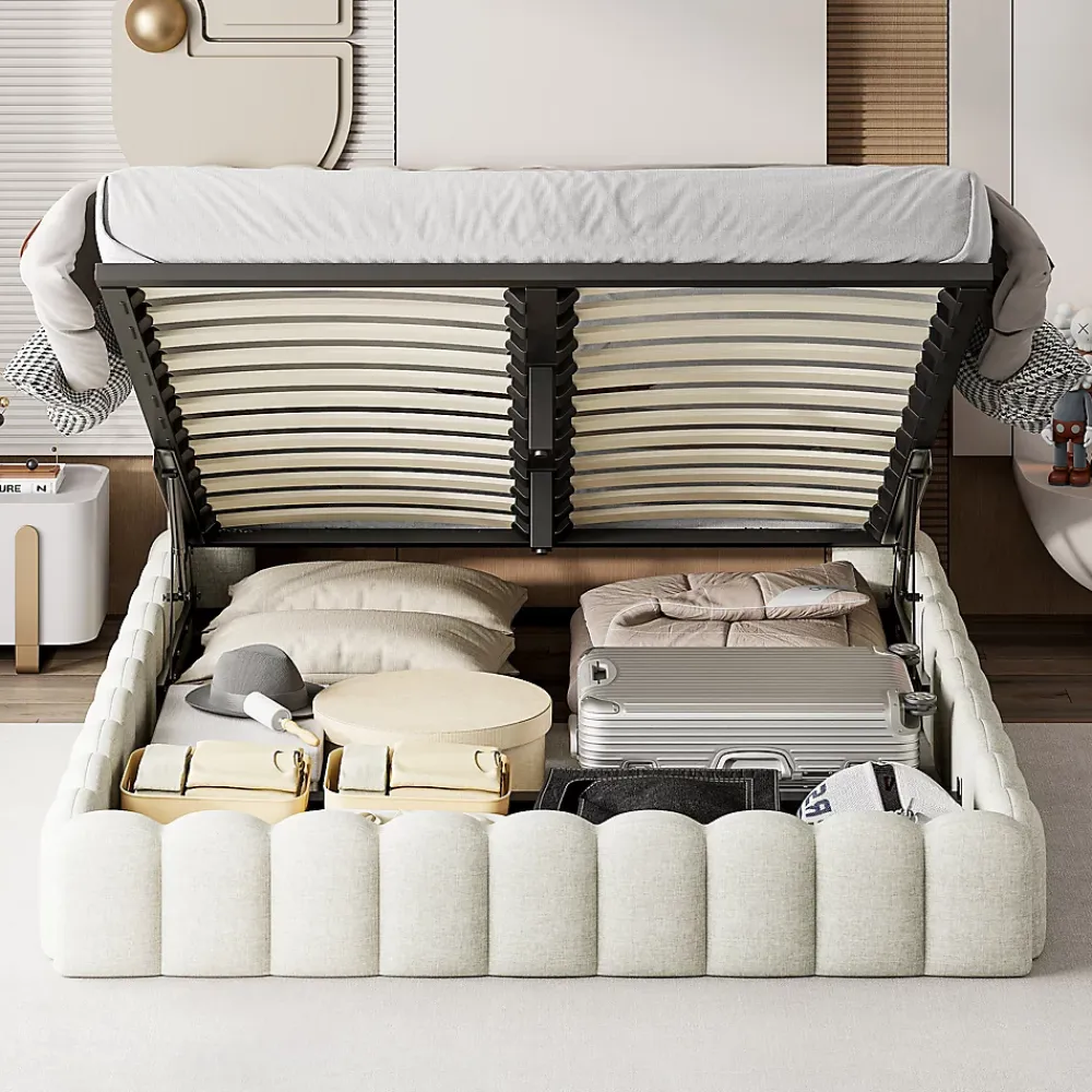 Generique Lit double 180x200cm avec rangements, lit de souche avec éclairage LED, lit capitonné lit adulte lit ado, lin beige* Lit Coffre