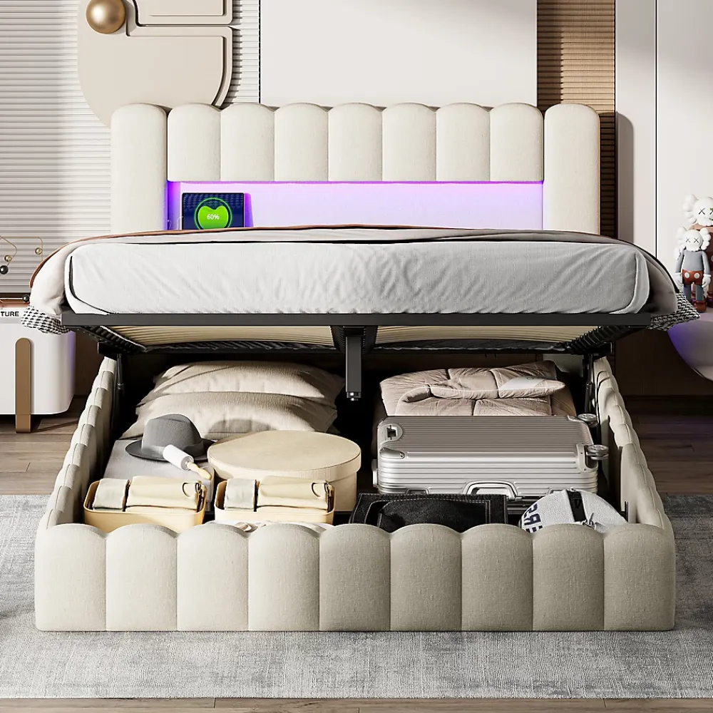 Generique Lit double 180x200cm avec rangements, lit de souche avec éclairage LED, lit capitonné lit adulte lit ado, lin beige* Lit Coffre