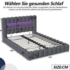 Generique Lit double 140x200cm avec rangements, lit de souche avec éclairage LED, lit capitonné lit adulte lit ado, lin gris* Lit Double