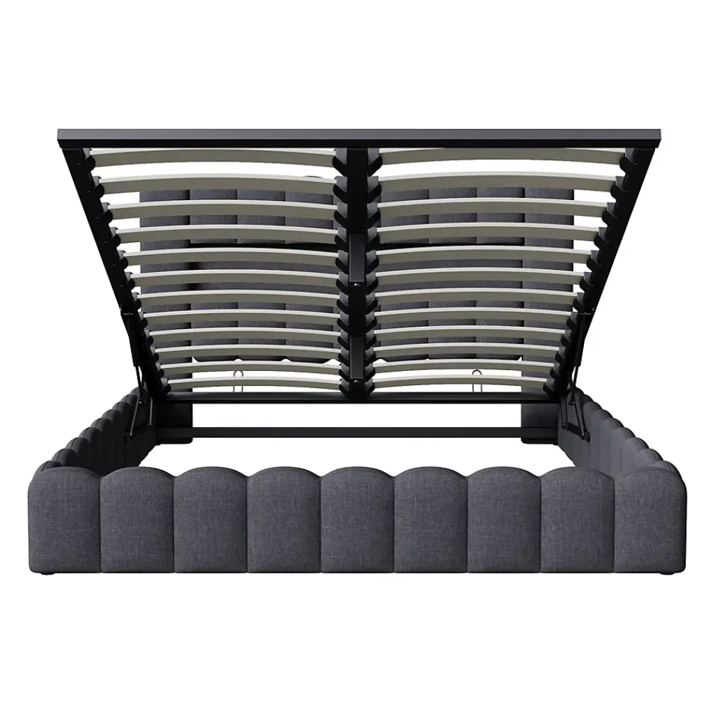 Generique Lit double 140x200cm avec rangements, lit de souche avec éclairage LED, lit capitonné lit adulte lit ado, lin gris* Lit Double