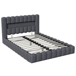 Generique Lit double 140x200cm avec rangements, lit de souche avec éclairage LED, lit capitonné lit adulte lit ado, lin gris* Lit Double