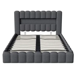 Generique Lit double 140x200cm avec rangements, lit de souche avec éclairage LED, lit capitonné lit adulte lit ado, lin gris* Lit Double