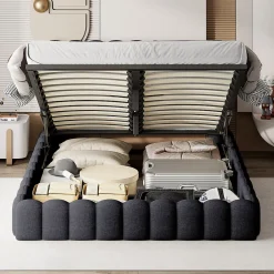 Generique Lit double 140x200cm avec rangements, lit de souche avec éclairage LED, lit capitonné lit adulte lit ado, lin gris* Lit Double