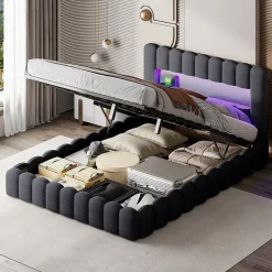 Generique Lit double 140x200cm avec rangements, lit de souche avec éclairage LED, lit capitonné lit adulte lit ado, lin gris* Lit Double