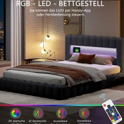 Generique Lit double 140x200cm avec rangements, lit de souche avec éclairage LED, lit capitonné lit adulte lit ado, lin gris* Lit Double