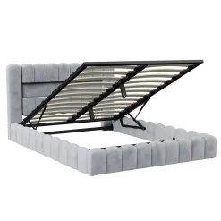 Simple Life Lit double 180x200cm avec rangements, lit de souche avec éclairage LED, lit capitonné lit adulte lit ado, lin gris* Lit Coffre