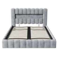 Simple Life Lit double 180x200cm avec rangements, lit de souche avec éclairage LED, lit capitonné lit adulte lit ado, lin gris* Lit Coffre