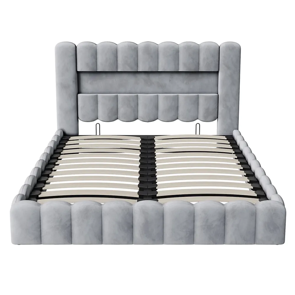 Simple Life Lit double 180x200cm avec rangements, lit de souche avec éclairage LED, lit capitonné lit adulte lit ado, lin gris* Lit Coffre