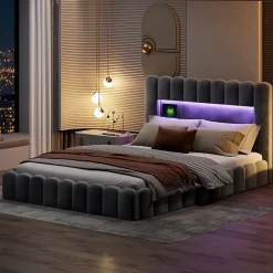 Simple Life Lit double 180x200cm avec rangements, lit de souche avec éclairage LED, lit capitonné lit adulte lit ado, lin gris* Lit Coffre