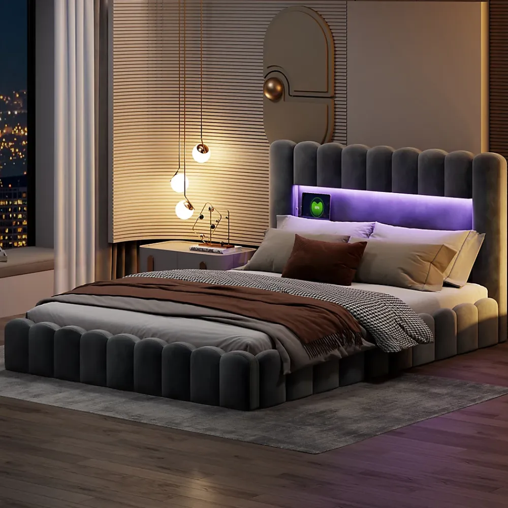 Simple Life Lit double 180x200cm avec rangements, lit de souche avec éclairage LED, lit capitonné lit adulte lit ado, lin gris* Lit Coffre
