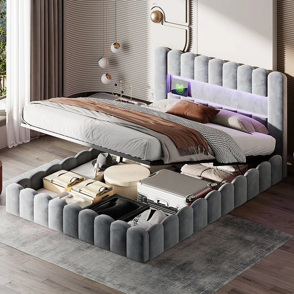 Simple Life Lit double 180x200cm avec rangements, lit de souche avec éclairage LED, lit capitonné lit adulte lit ado, lin gris* Lit Coffre