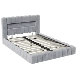 Simple Life Lit double 180x200cm avec rangements, lit de souche avec éclairage LED, lit capitonné lit adulte lit ado, lin gris* Lit Coffre