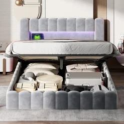 Simple Life Lit double 180x200cm avec rangements, lit de souche avec éclairage LED, lit capitonné lit adulte lit ado, lin gris* Lit Coffre