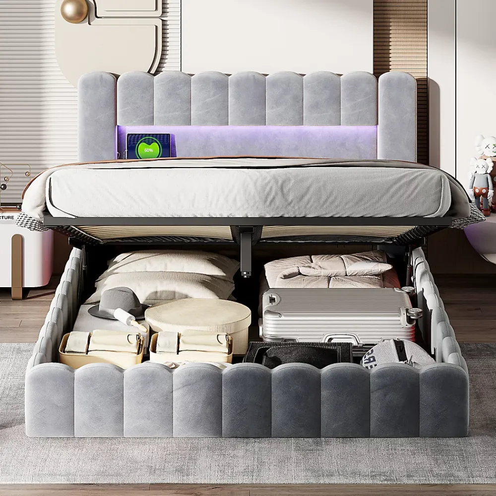 Simple Life Lit double 180x200cm avec rangements, lit de souche avec éclairage LED, lit capitonné lit adulte lit ado, lin gris* Lit Coffre