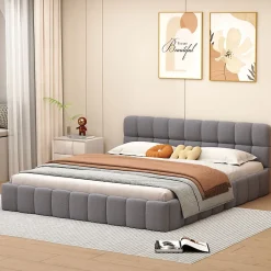 Fortuna lai Lit Double 160x200cm, Avec Sommier à Lattes Et Dossier, Avec Cadre Rembourré, Lin, Gris* Lit Coffre