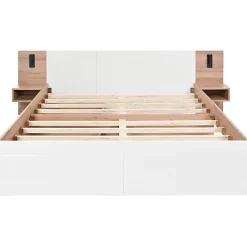 ModernLuxe Lit double 140x200cm en bois - avec 2 chevets et 2 tiroirs - 2 liseuses avec prise USB - Blanc + Naturel (matelas non inclus)* Lit Double