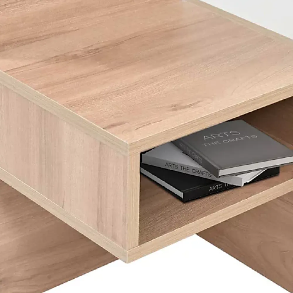 ModernLuxe Lit double 140x200cm en bois - avec 2 chevets et 2 tiroirs - 2 liseuses avec prise USB - Blanc + Naturel (matelas non inclus)* Lit Double