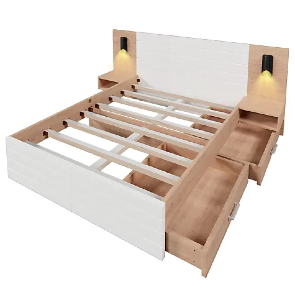 ModernLuxe Lit double 140x200cm en bois - avec 2 chevets et 2 tiroirs - 2 liseuses avec prise USB - Blanc + Naturel (matelas non inclus)* Lit Double