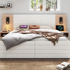 ModernLuxe Lit double 140x200cm en bois - avec 2 chevets et 2 tiroirs - 2 liseuses avec prise USB - Blanc + Naturel (matelas non inclus)* Lit Double