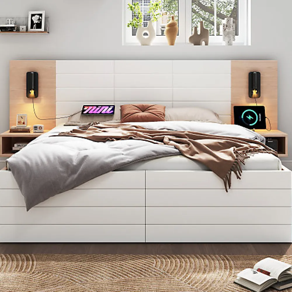 ModernLuxe Lit double 140x200cm en bois - avec 2 chevets et 2 tiroirs - 2 liseuses avec prise USB - Blanc + Naturel (matelas non inclus)* Lit Double
