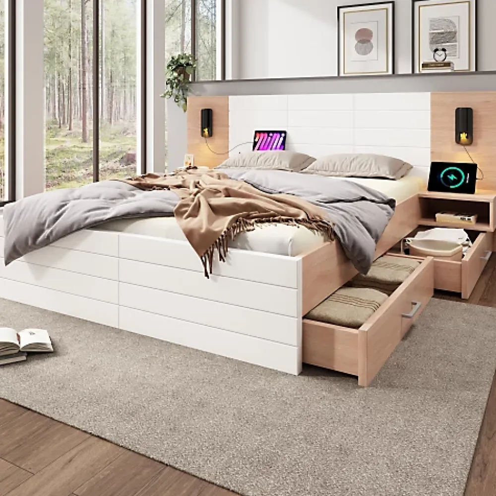 ModernLuxe Lit double 140x200cm en bois - avec 2 chevets et 2 tiroirs - 2 liseuses avec prise USB - Blanc + Naturel (matelas non inclus)* Lit Double
