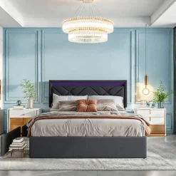 Lit double 160x200cm en lin gris foncé avec LED, USB & Type-C, tête de lit moderne et 4 tiroirs métalliques de rangement>ProximaX New
