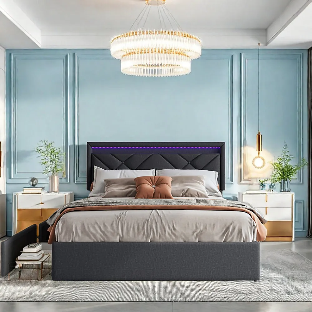 Lit double 160x200cm en lin gris foncé avec LED, USB & Type-C, tête de lit moderne et 4 tiroirs métalliques de rangement>ProximaX New