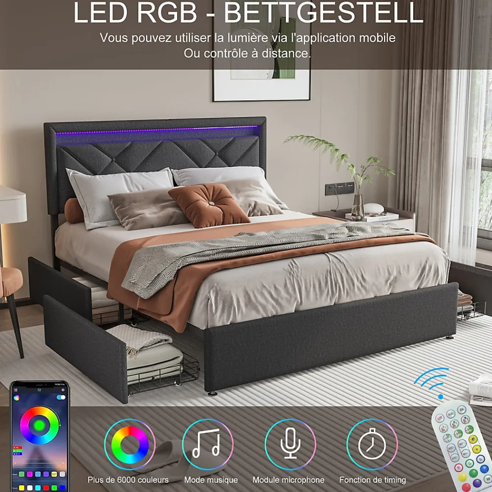 Lit double 160x200cm en lin gris foncé avec LED, USB & Type-C, tête de lit moderne et 4 tiroirs métalliques de rangement>ProximaX New