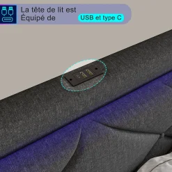 Lit double 160x200cm en lin gris foncé avec LED, USB & Type-C, tête de lit moderne et 4 tiroirs métalliques de rangement><noscript><img width=