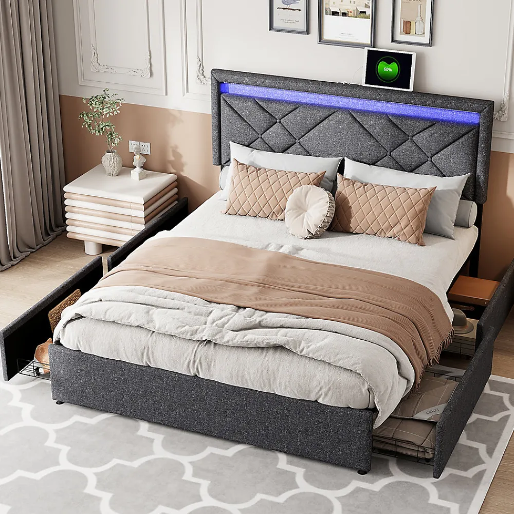 Lit double 160x200cm en lin gris foncé avec LED, USB & Type-C, tête de lit moderne et 4 tiroirs métalliques de rangement>ProximaX New