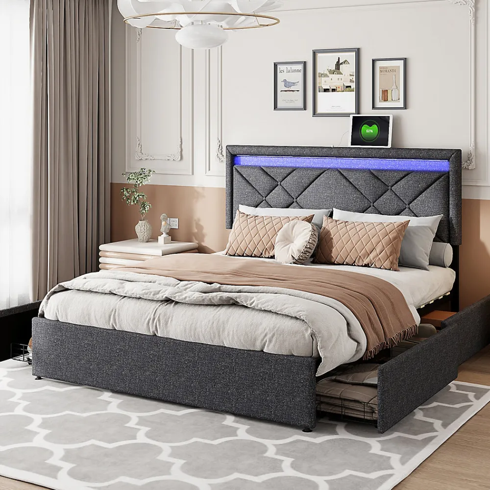 Lit double 160x200cm en lin gris foncé avec LED, USB & Type-C, tête de lit moderne et 4 tiroirs métalliques de rangement>ProximaX New