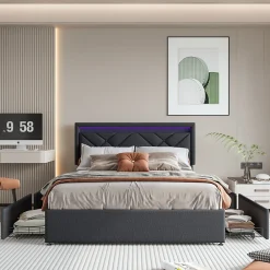 Lit double 160x200cm en lin gris foncé avec LED, USB & Type-C, tête de lit moderne et 4 tiroirs métalliques de rangement><noscript><img width=