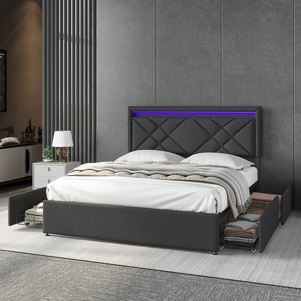 Lit double 160x200cm en lin gris foncé avec LED, USB & Type-C, tête de lit moderne et 4 tiroirs métalliques de rangement>ProximaX New