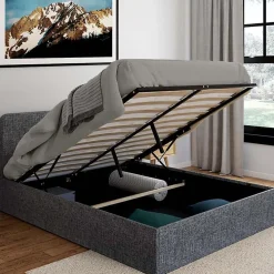 Lit Double 140x190cm en Tissu Gris Anthracite avec Coffre + Sommier>Nature Pro