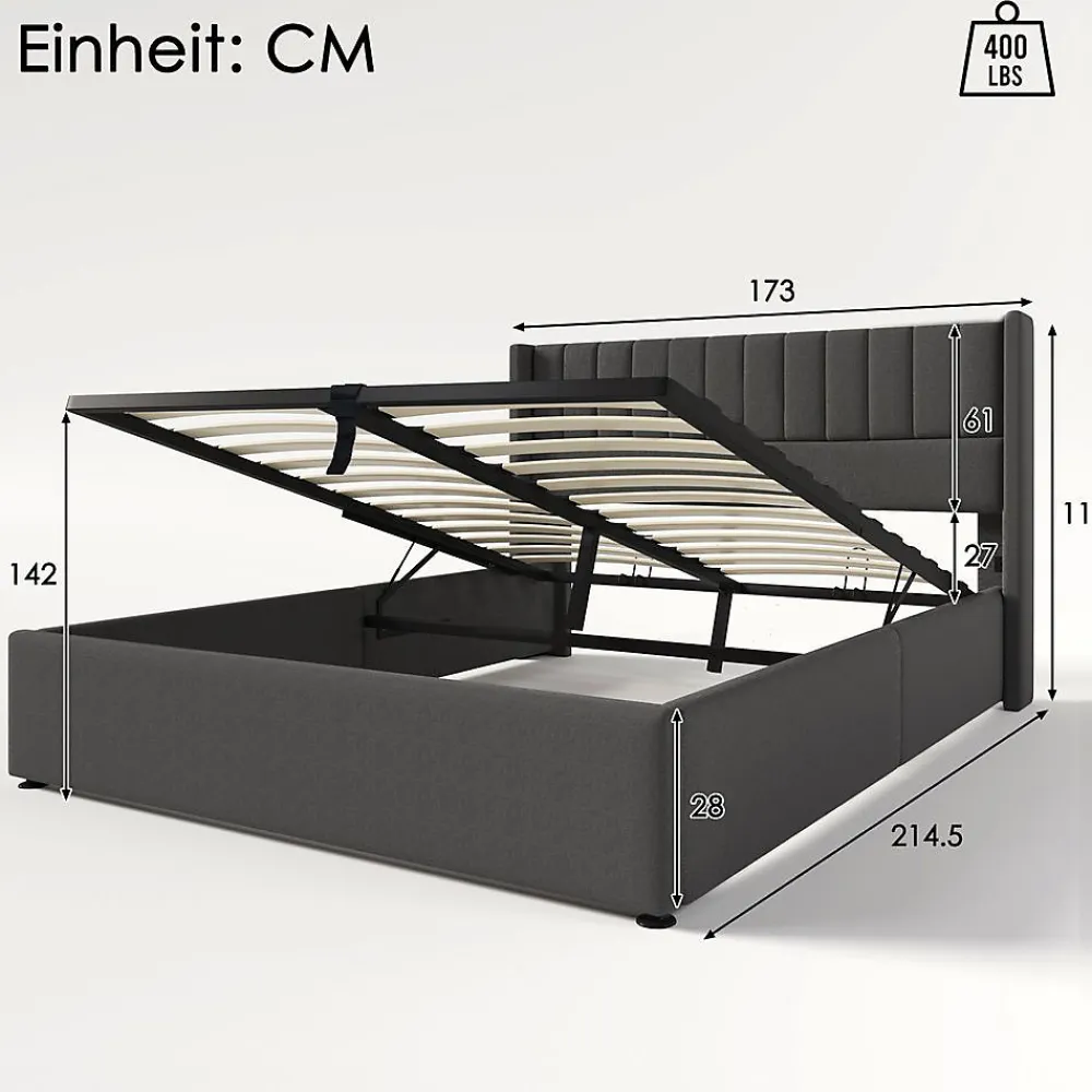 Lit Double 160x200cm Hydraulique Rangement Lin Gris>Blackcolors Hot