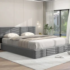 Blackcolors Lit Double 180x200cm Hydraulique Velours Rayé Gris* Lit Avec Rangement