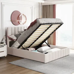 Blackcolors Lit Double 140x200cm Hydraulique LED Velours Blanc Crème* Lit Avec Rangement